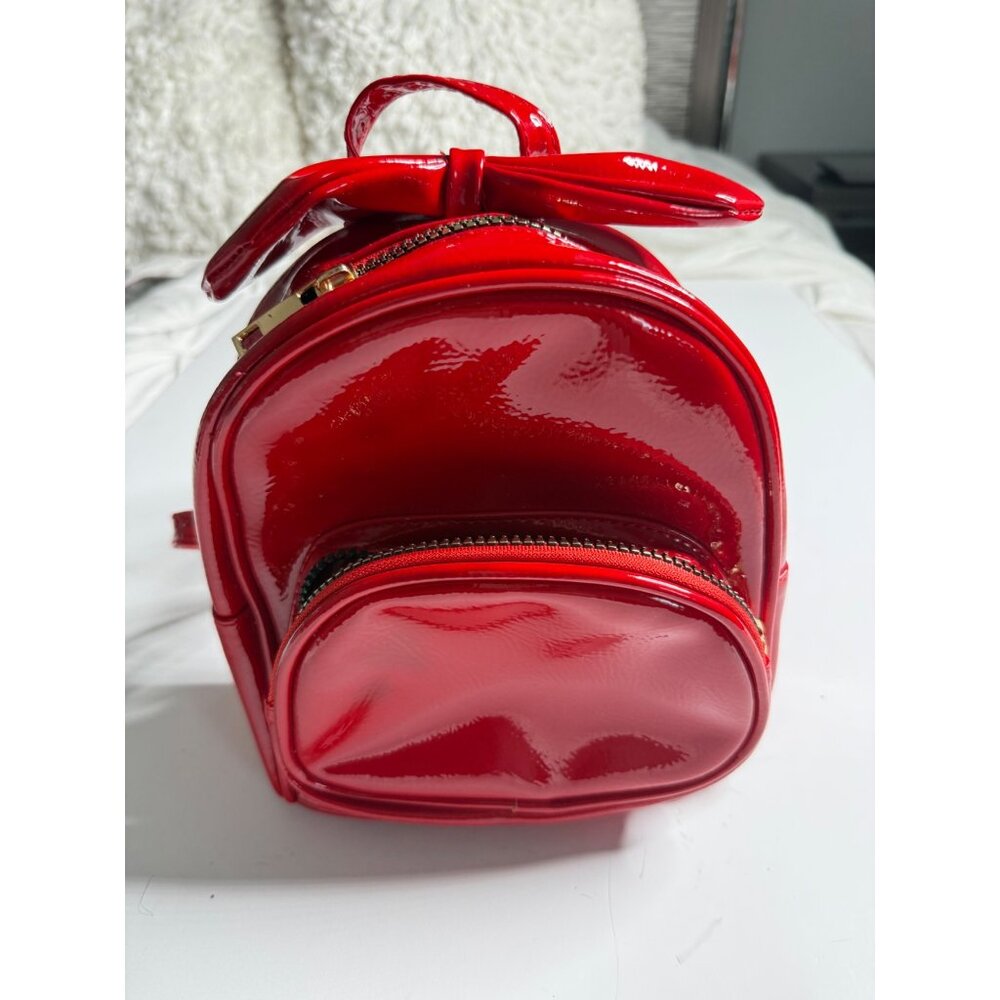 Red Patent Mini Backpack With Bow Accent & Adjustable Straps